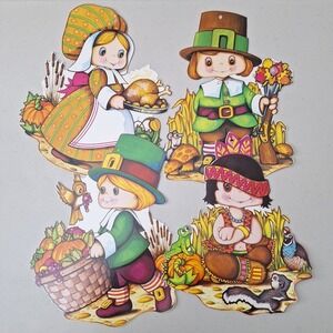 4 Beistle 1978 Vintage Die Cut Thanksgiving Pilgrims Native American